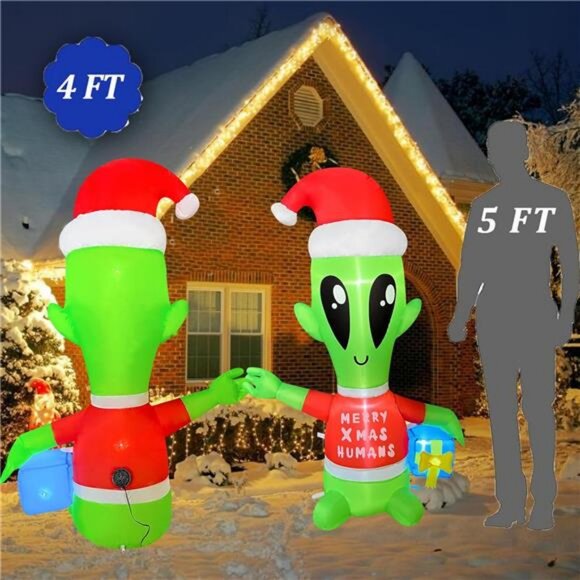 4 FT Christmas Inflatables Alien with Gift Box Decor LED Lighted Xmas Blow Up